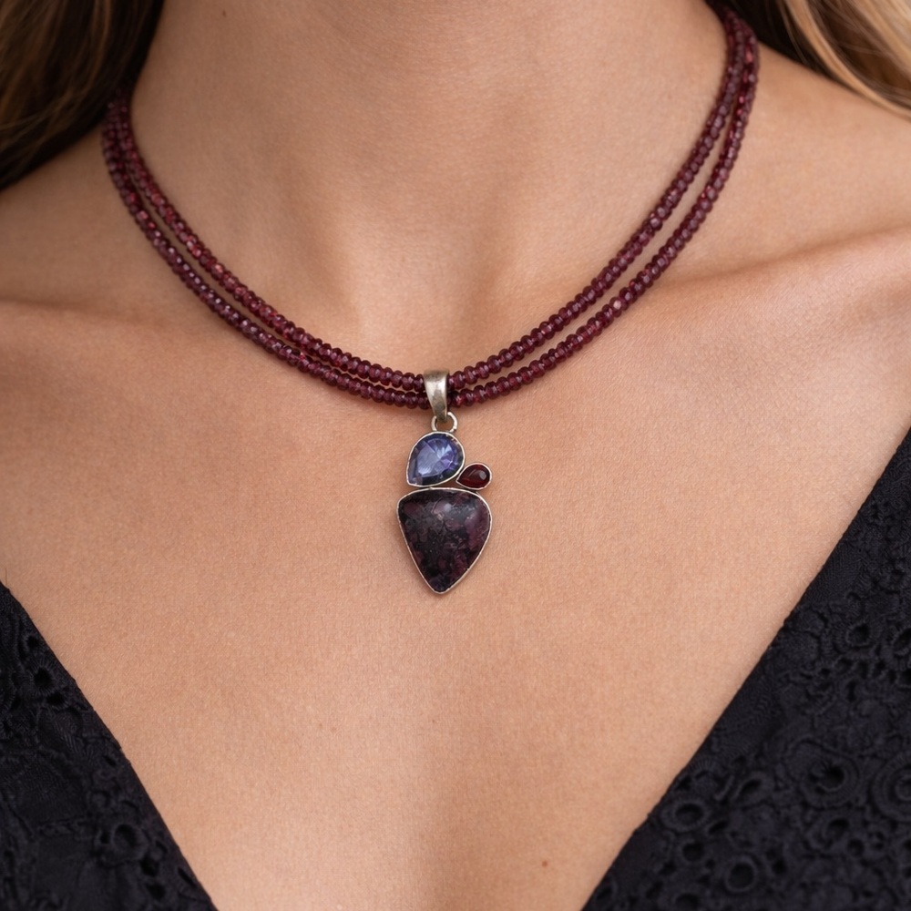 ✨ Double Strand Garnet Necklace w/ Multi-Stone Sterling Silver Pendant ✨